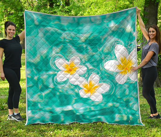 White And Yellow Plumeria In Water Print Quilt