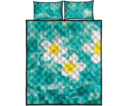 White And Yellow Plumeria In Water Print Quilt Bed Set
