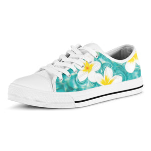 White And Yellow Plumeria In Water Print White Low Top Shoes