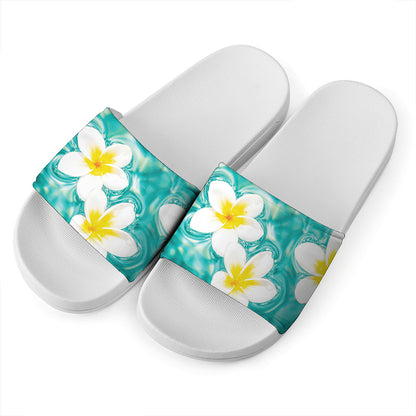 White And Yellow Plumeria In Water Print White Slide Sandals