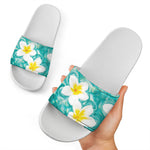 White And Yellow Plumeria In Water Print White Slide Sandals