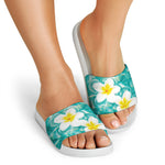 White And Yellow Plumeria In Water Print White Slide Sandals
