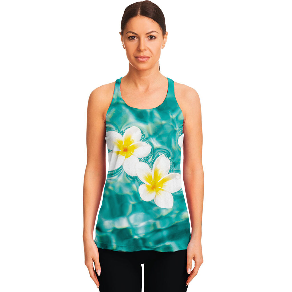 White And Yellow Plumeria In Water Print Women's Racerback Tank Top