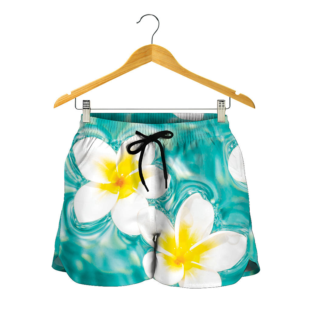 White And Yellow Plumeria In Water Print Women's Shorts