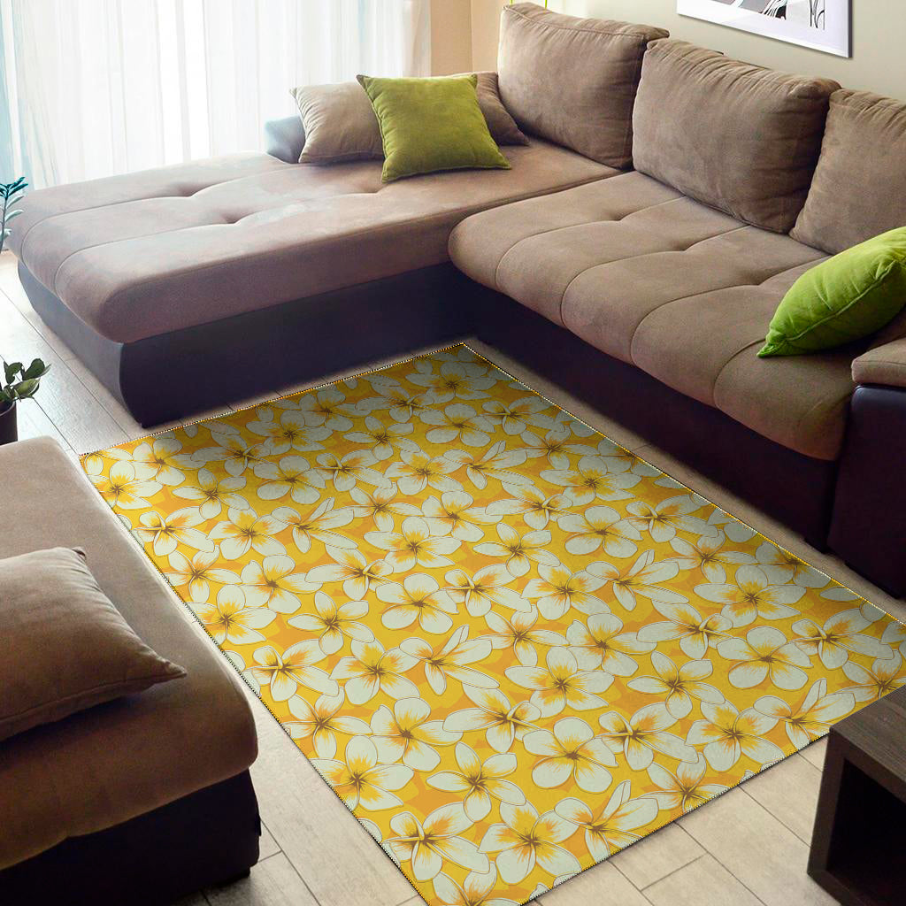 White And Yellow Plumeria Pattern Print Area Rug