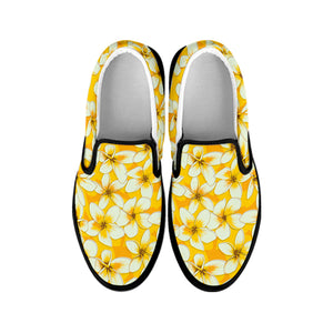 White And Yellow Plumeria Pattern Print Black Slip On Shoes