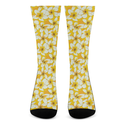 White And Yellow Plumeria Pattern Print Crew Socks