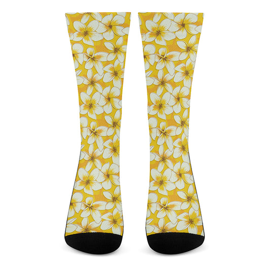 White And Yellow Plumeria Pattern Print Crew Socks