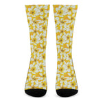 White And Yellow Plumeria Pattern Print Crew Socks