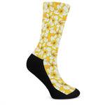 White And Yellow Plumeria Pattern Print Crew Socks