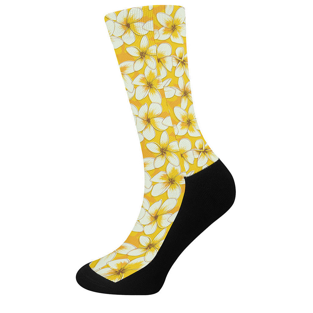 White And Yellow Plumeria Pattern Print Crew Socks