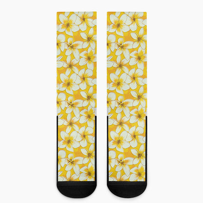 White And Yellow Plumeria Pattern Print Crew Socks