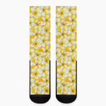 White And Yellow Plumeria Pattern Print Crew Socks