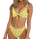 White And Yellow Plumeria Pattern Print Front Bow Tie Bikini