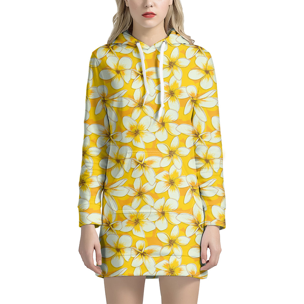 White And Yellow Plumeria Pattern Print Hoodie Dress