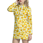 White And Yellow Plumeria Pattern Print Hoodie Dress