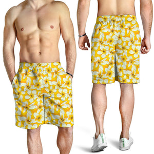 White And Yellow Plumeria Pattern Print Men's Shorts