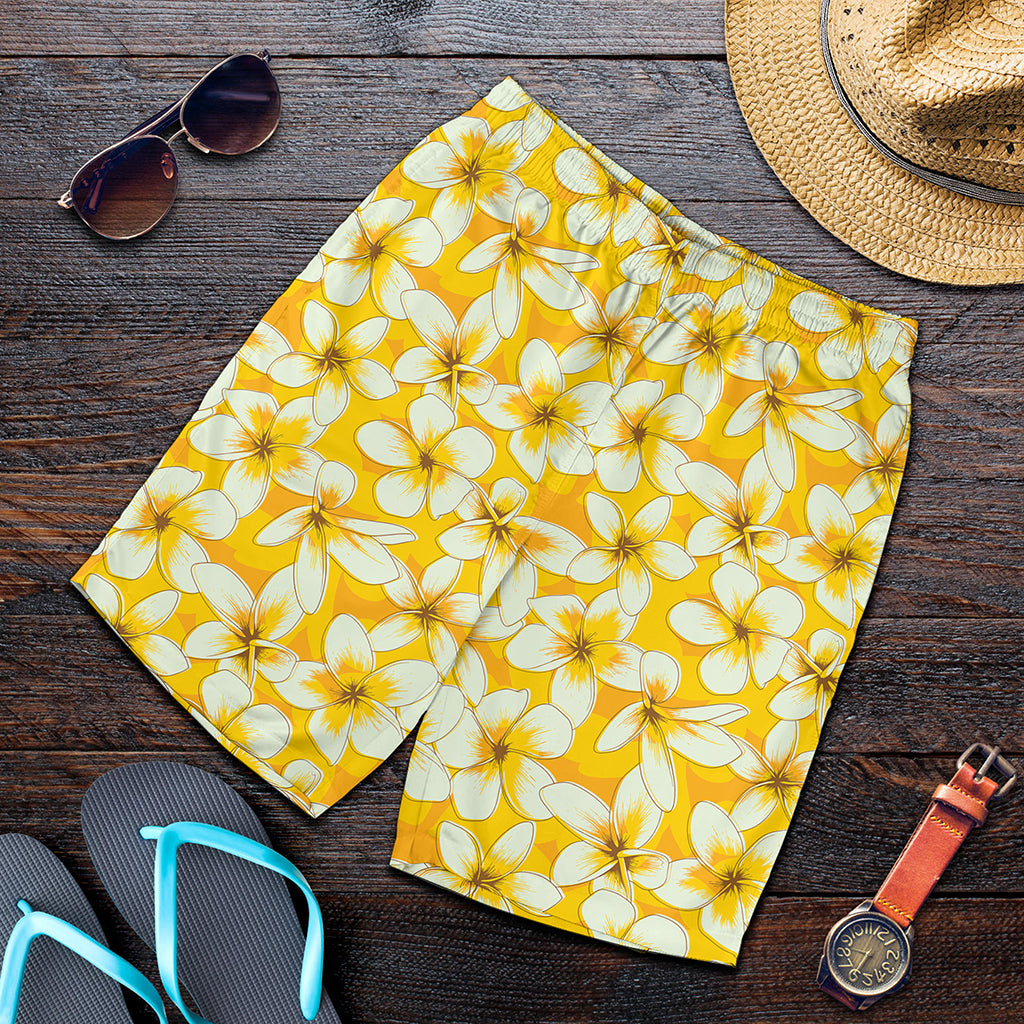 White And Yellow Plumeria Pattern Print Men's Shorts