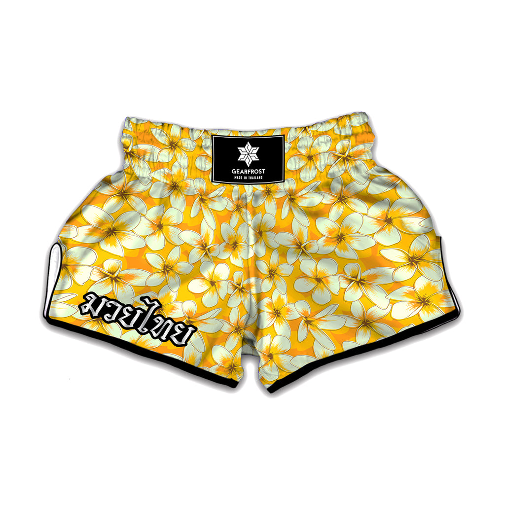 White And Yellow Plumeria Pattern Print Muay Thai Boxing Shorts