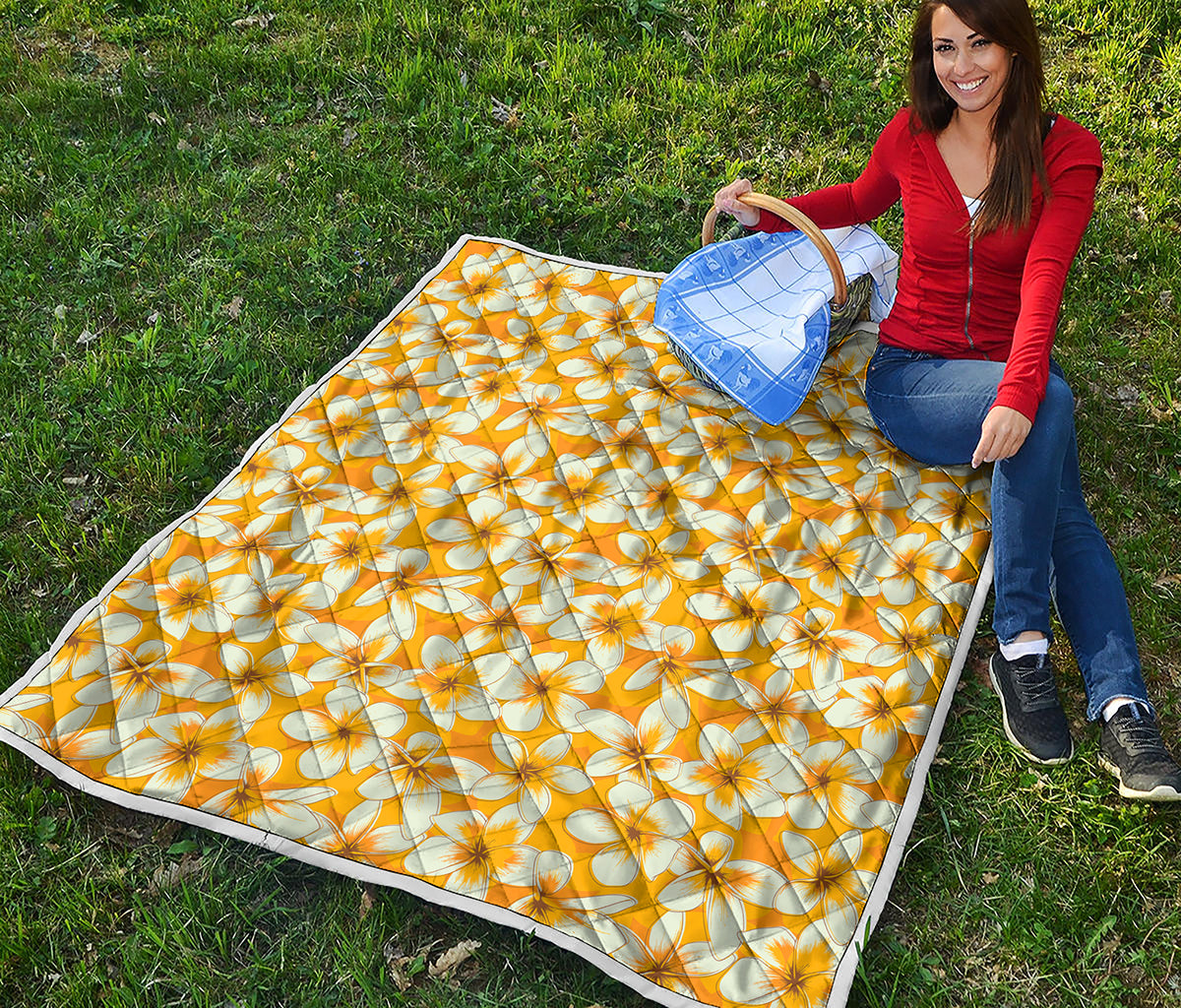 White And Yellow Plumeria Pattern Print Quilt