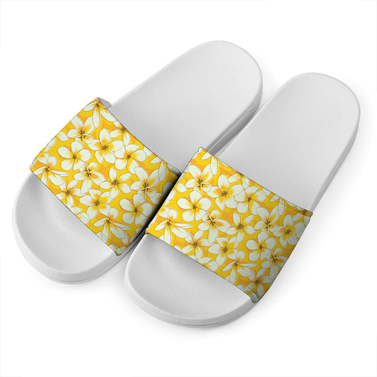 White And Yellow Plumeria Pattern Print White Slide Sandals