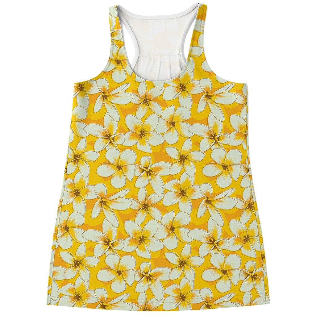 White And Yellow Plumeria Pattern Print Women's Racerback Tank Top