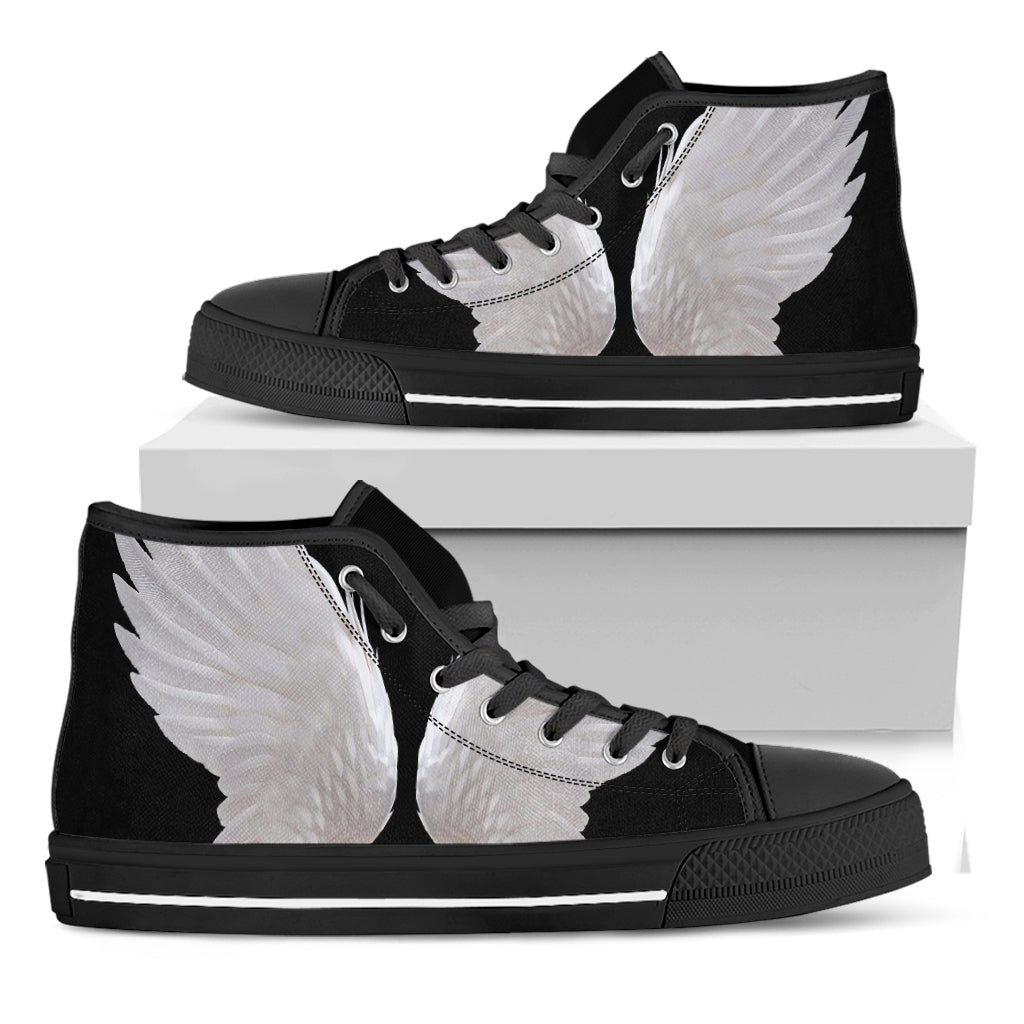 White Angel Wings Print Black High Top Shoes