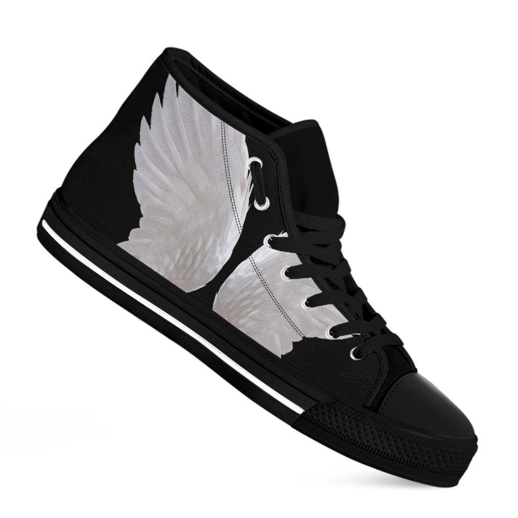 White Angel Wings Print Black High Top Shoes