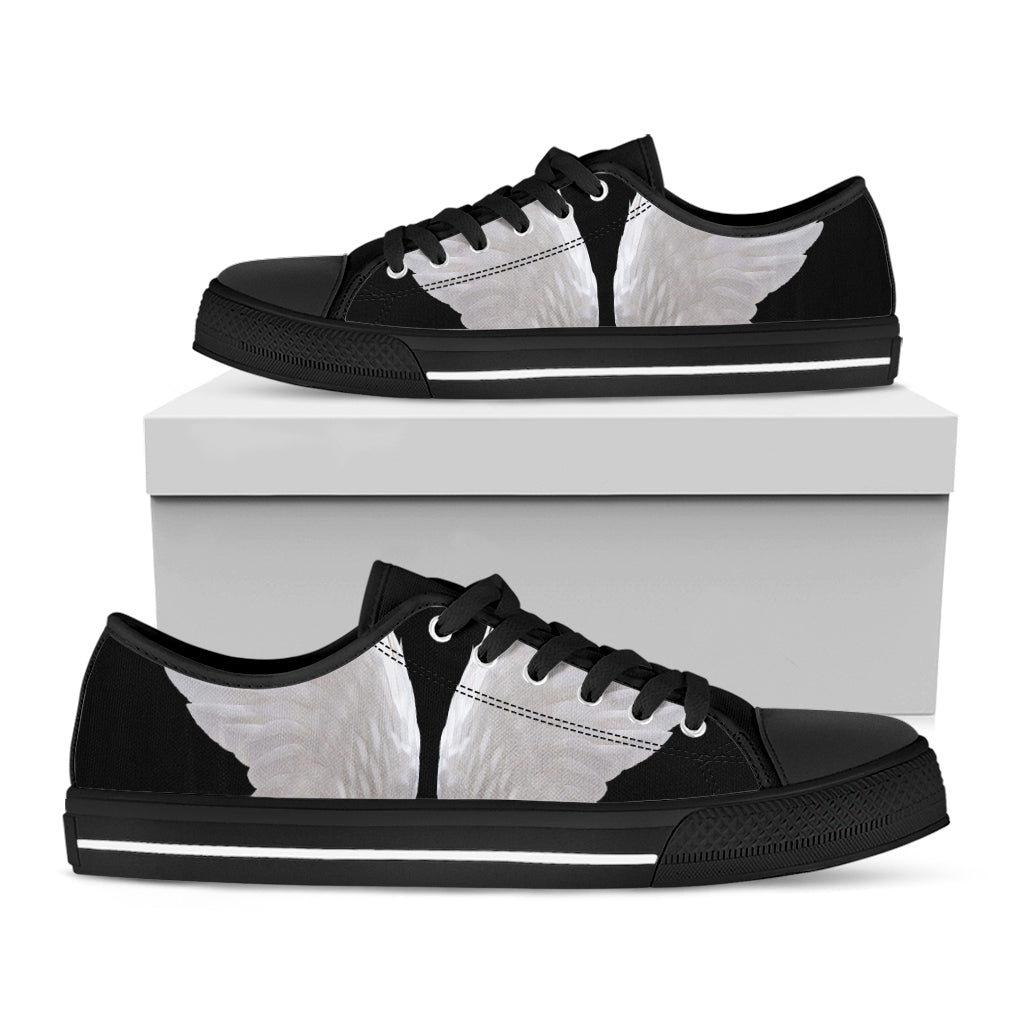 White Angel Wings Print Black Low Top Shoes 