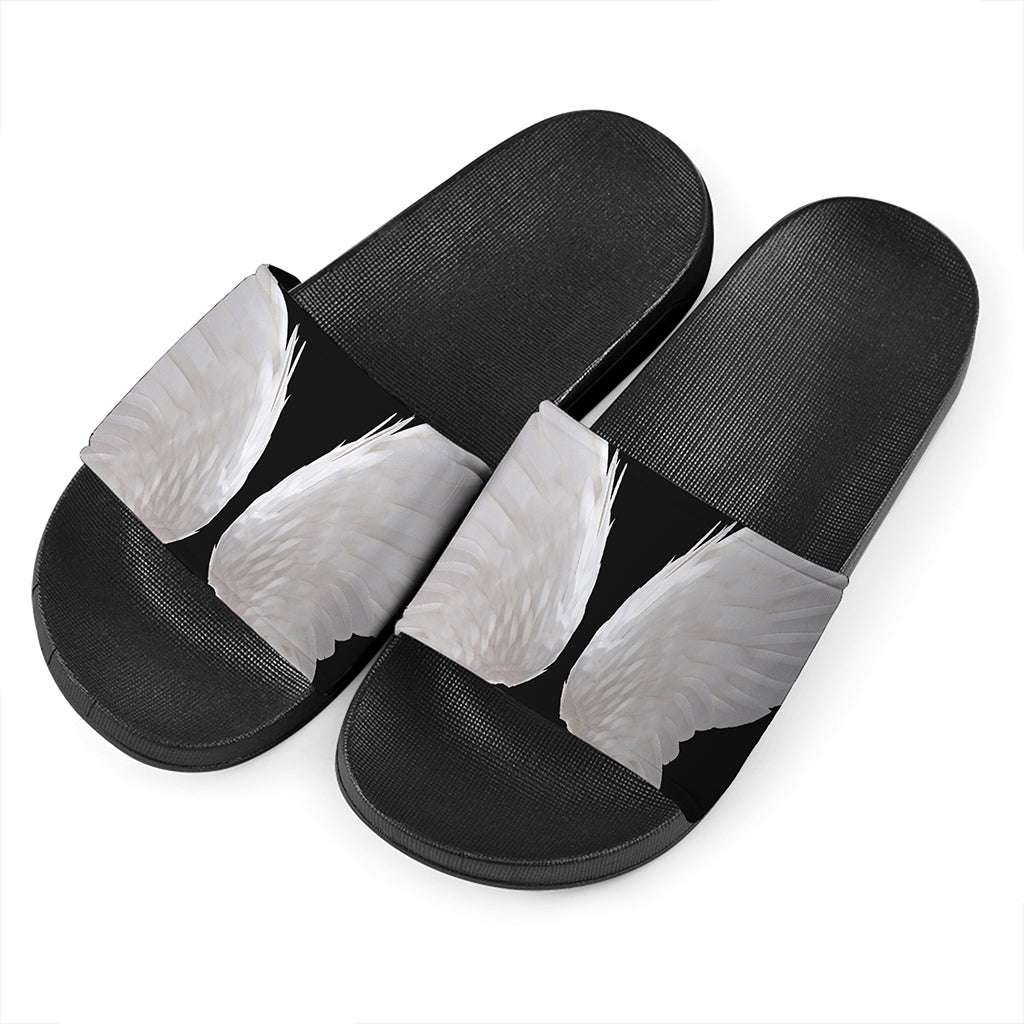 White Angel Wings Print Black Slide Sandals