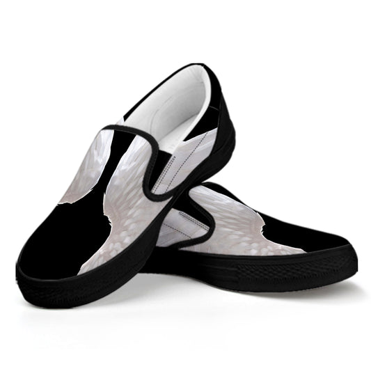 White Angel Wings Print Black Slip On Shoes