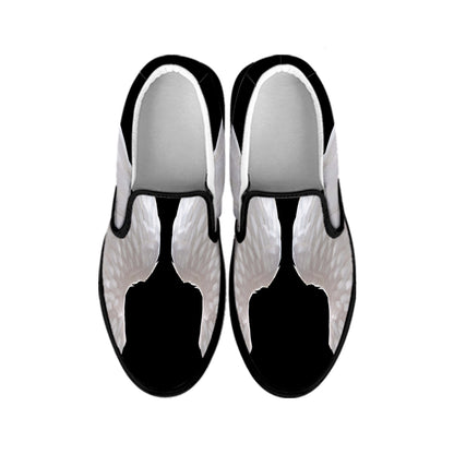 White Angel Wings Print Black Slip On Shoes
