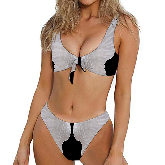 White Angel Wings Print Front Bow Tie Bikini