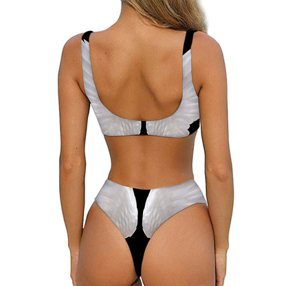 White Angel Wings Print Front Bow Tie Bikini