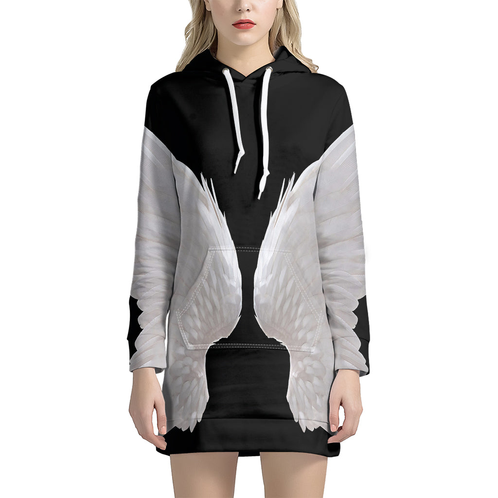 White Angel Wings Print Pullover Hoodie Dress