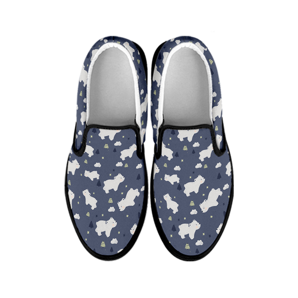 White Baby Polar Bear Pattern Print Black Slip On Shoes