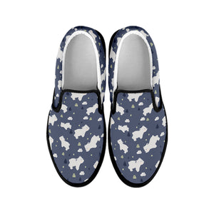 White Baby Polar Bear Pattern Print Black Slip On Shoes