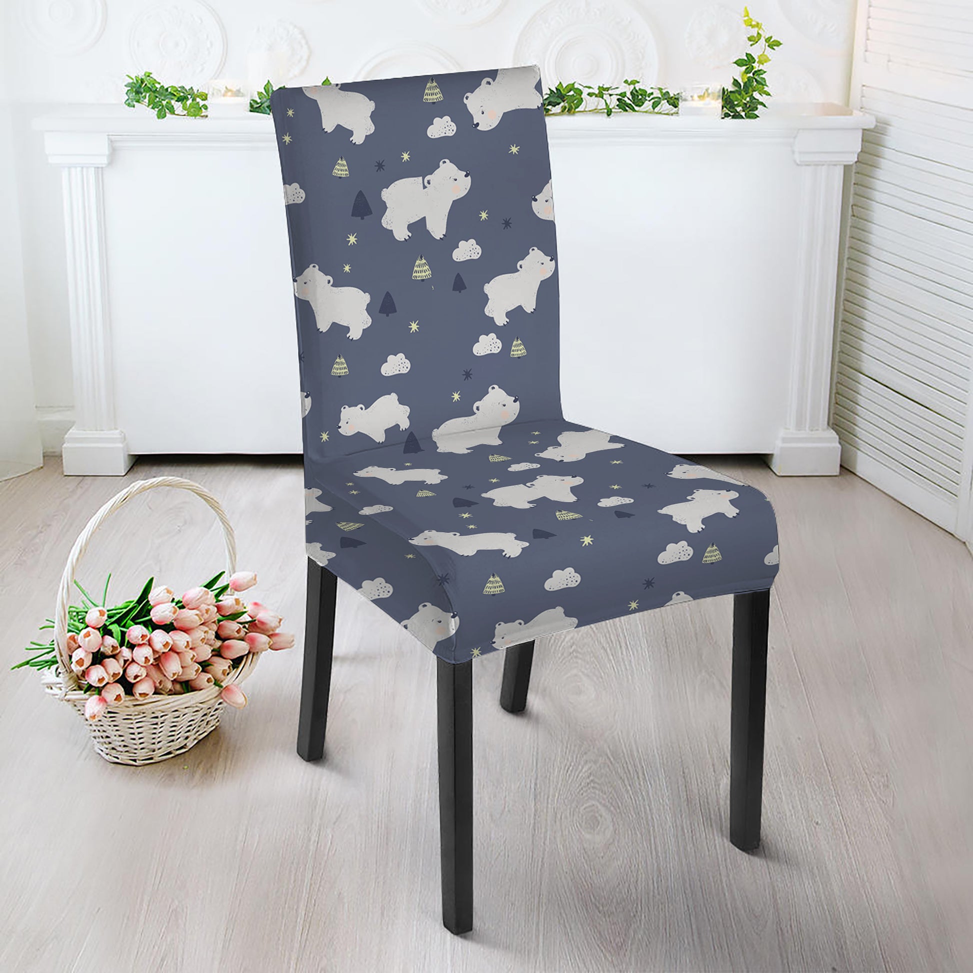 White Baby Polar Bear Pattern Print Dining Chair Slipcover