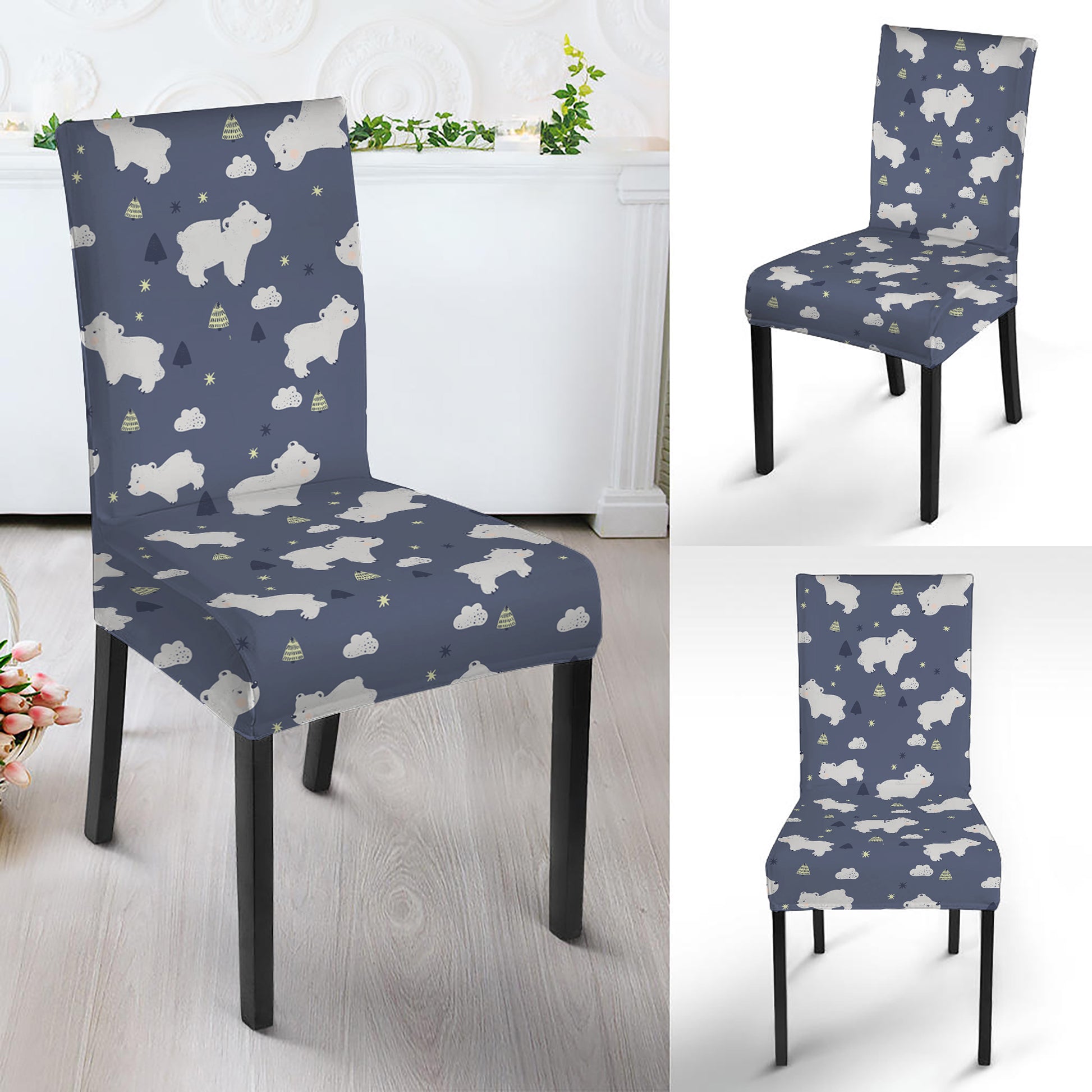 White Baby Polar Bear Pattern Print Dining Chair Slipcover