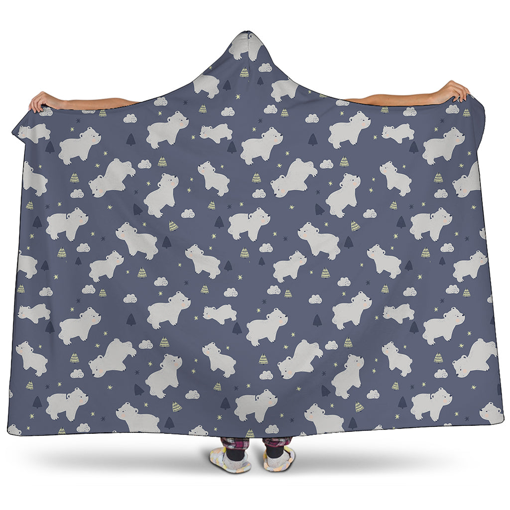 White Baby Polar Bear Pattern Print Hooded Blanket