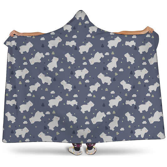 White Baby Polar Bear Pattern Print Hooded Blanket