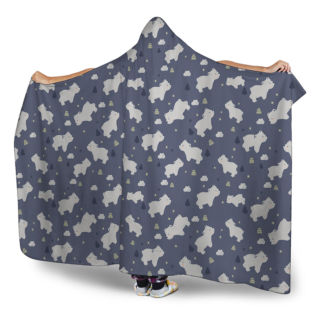 White Baby Polar Bear Pattern Print Hooded Blanket