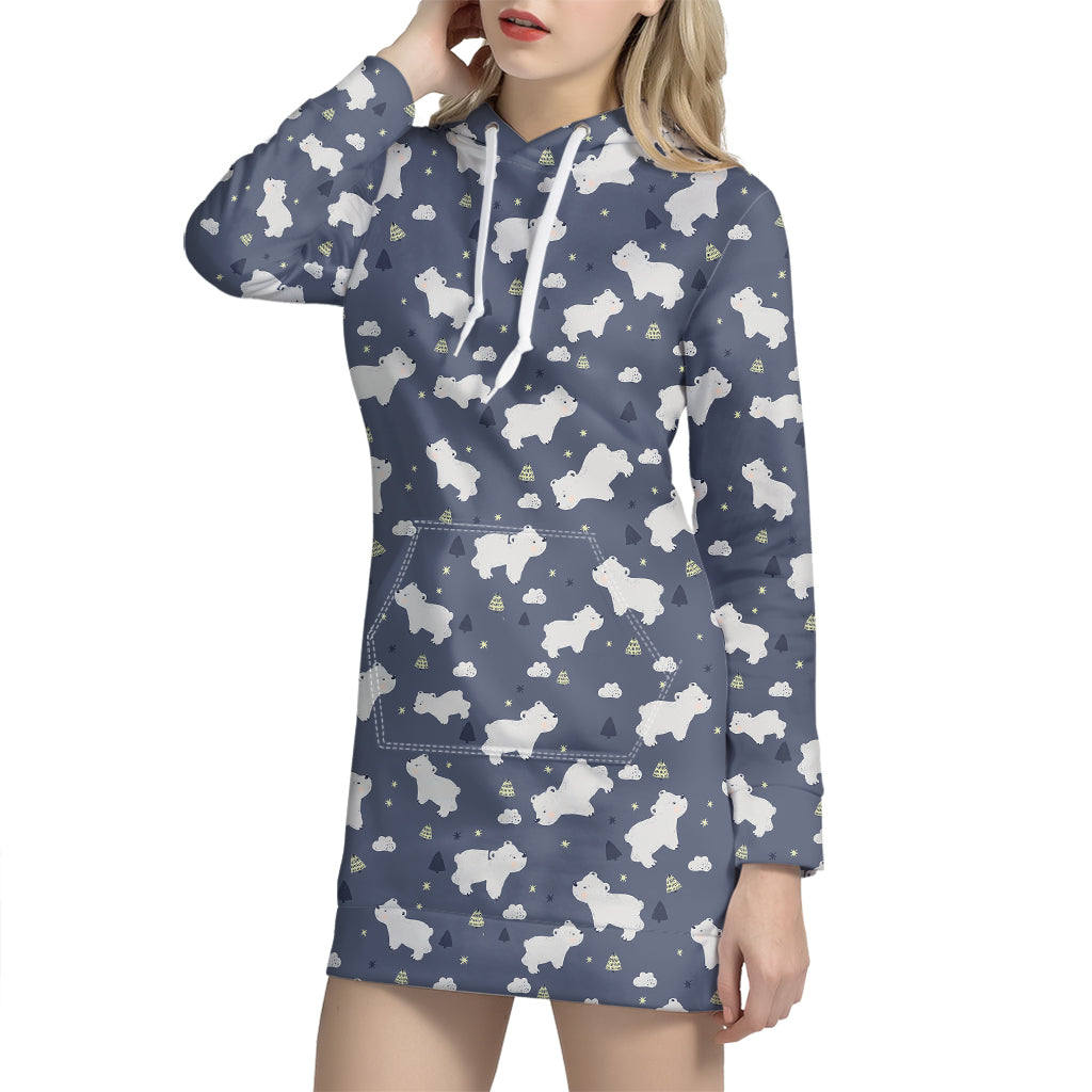 White Baby Polar Bear Pattern Print Hoodie Dress