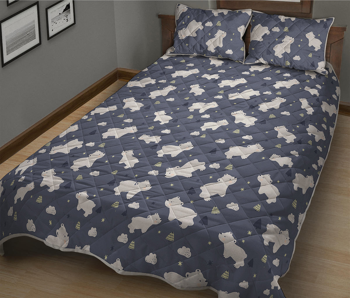 White Baby Polar Bear Pattern Print Quilt Bed Set