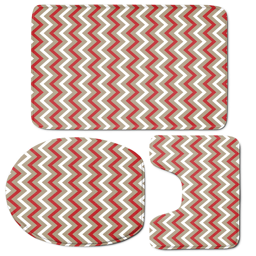 White Beige And Red Chevron Print 3 Piece Bath Mat Set