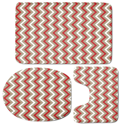 White Beige And Red Chevron Print 3 Piece Bath Mat Set