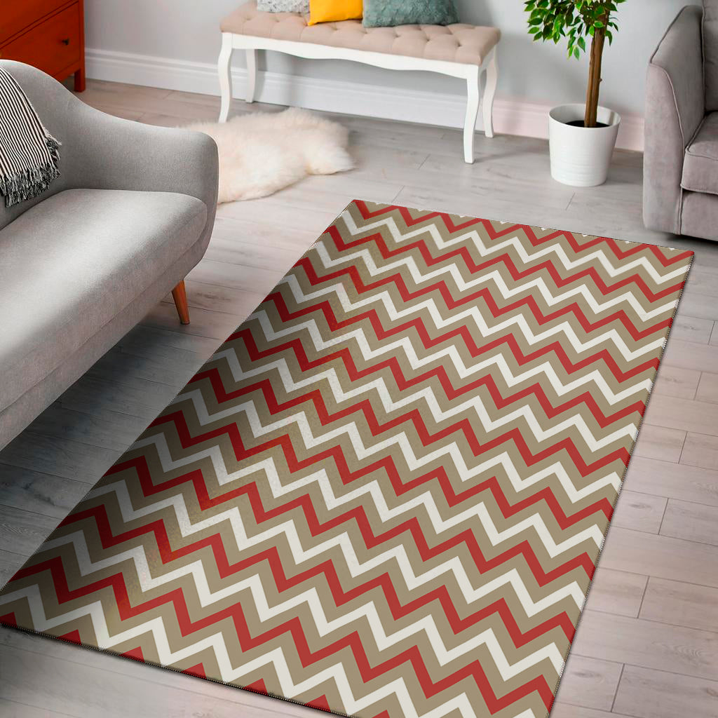 White Beige And Red Chevron Print Area Rug