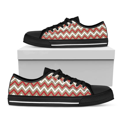 White Beige And Red Chevron Print Black Low Top Shoes