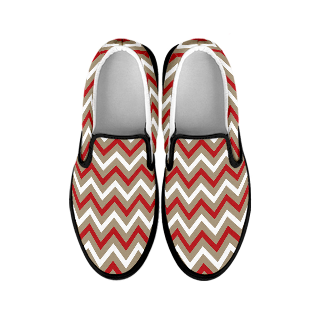 White Beige And Red Chevron Print Black Slip On Shoes