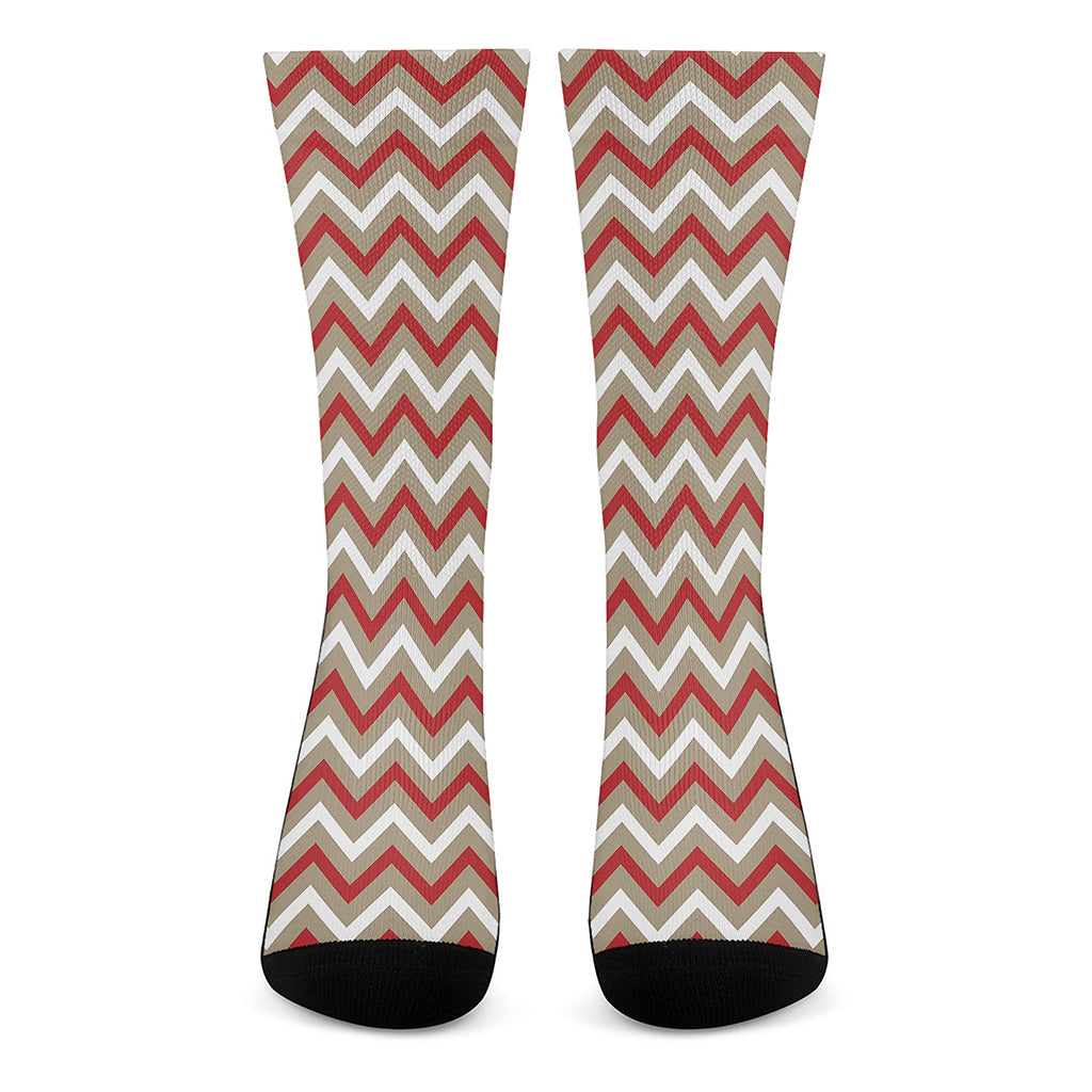 White Beige And Red Chevron Print Crew Socks